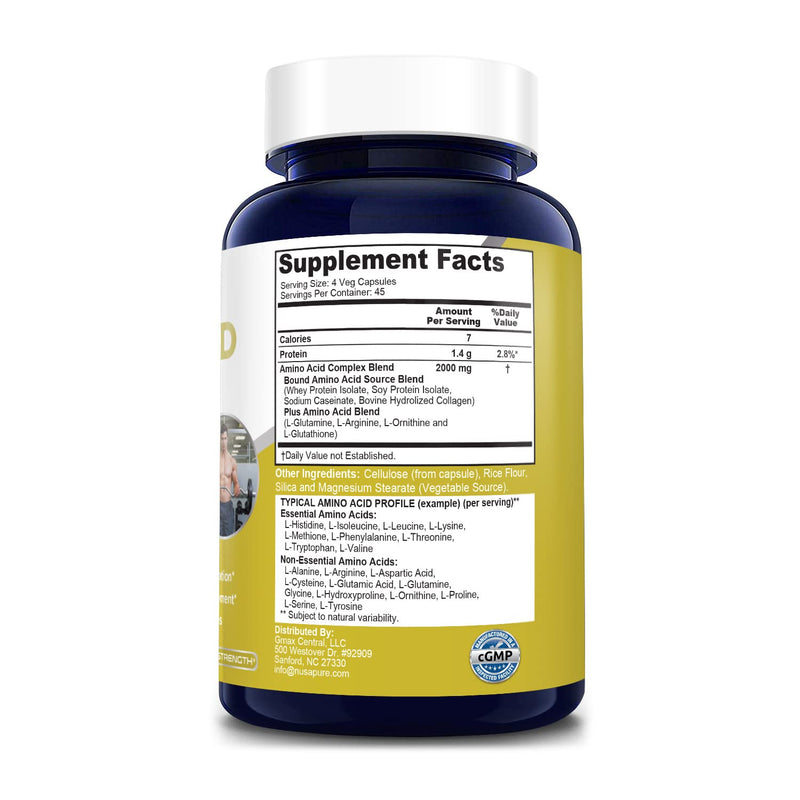 Amino Acid Complex Blend, Non - GMO, 2000mg, 180 Caps - 45 Servings | Dietary Supplement Formula, Gluten Free, Suitable for Adults, Manufactured in cGMP Facility USA