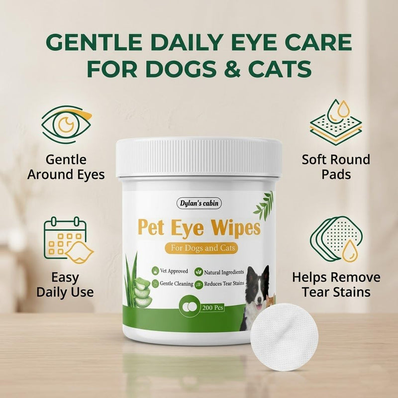 Dylan's cabin Eye Wipes for Cats - 200 Count Soft Round Dogs Eye Cleaning Pads, Alcohol Free pH Balanced Daily Tear Stain Wipes Remove Discharge and Crust pet eye wipes