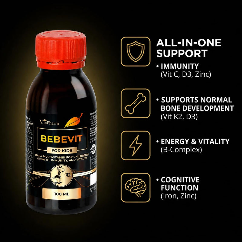 Bebevit Kids Liquid Multivitamin – Sugar-Free for Growth, Immunity & Bones | Vitamins A, C, D3, E, K2 & B-Complex for Kids & Toddlers Ages 1+ – Bone, Immune & Growth Support – Non-GMO – 100ml
