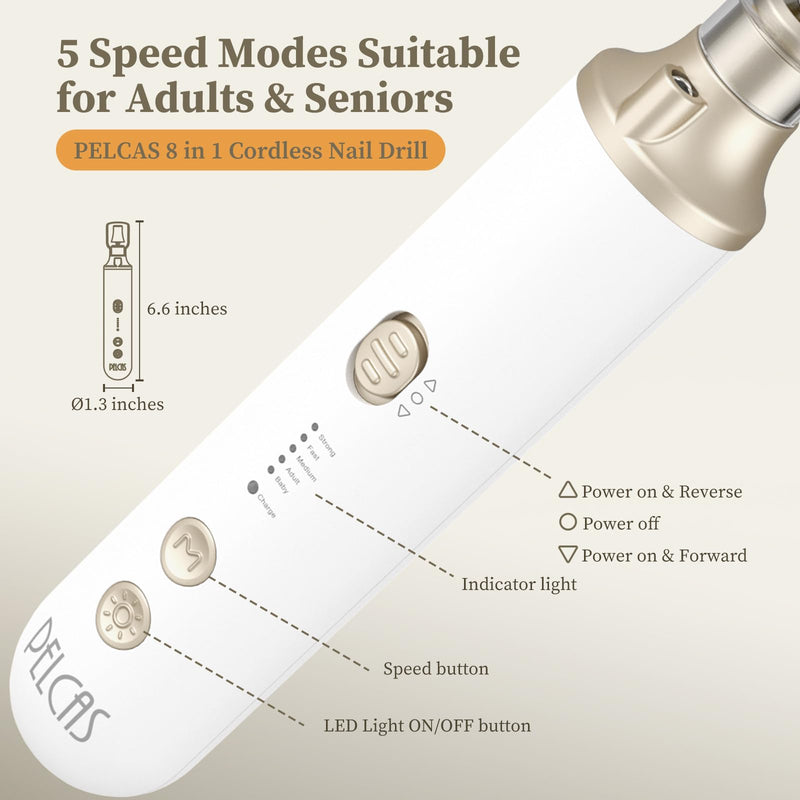 PELCAS 8 in 1 Cordless Nail Drill, Electric Nail Filer 5 Speeds Manicure & Pedicure Kit with LED Light, Electric Foot Callus Remover for Foot Callus, Toenail, Thick Nails, Finger Nails Golden - BeesActive Australia