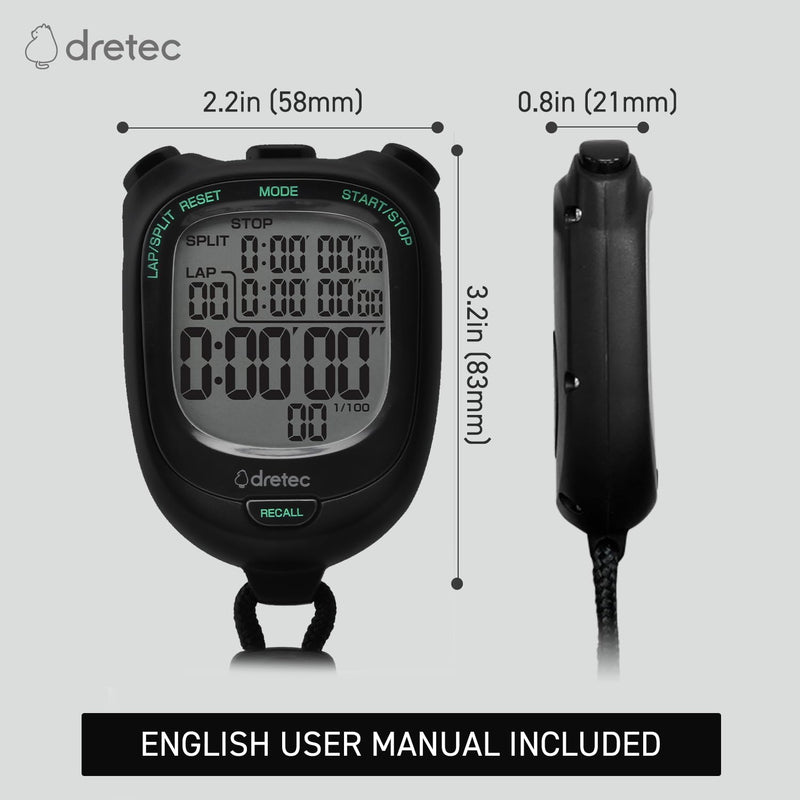 dretec Large Screen, Easy-to-Read Stopwatch, 0.01 Second Unit Measurement, Lap/Split Function, Replaceable Battery, Quiet Study, Black スタンダード(ブラック)