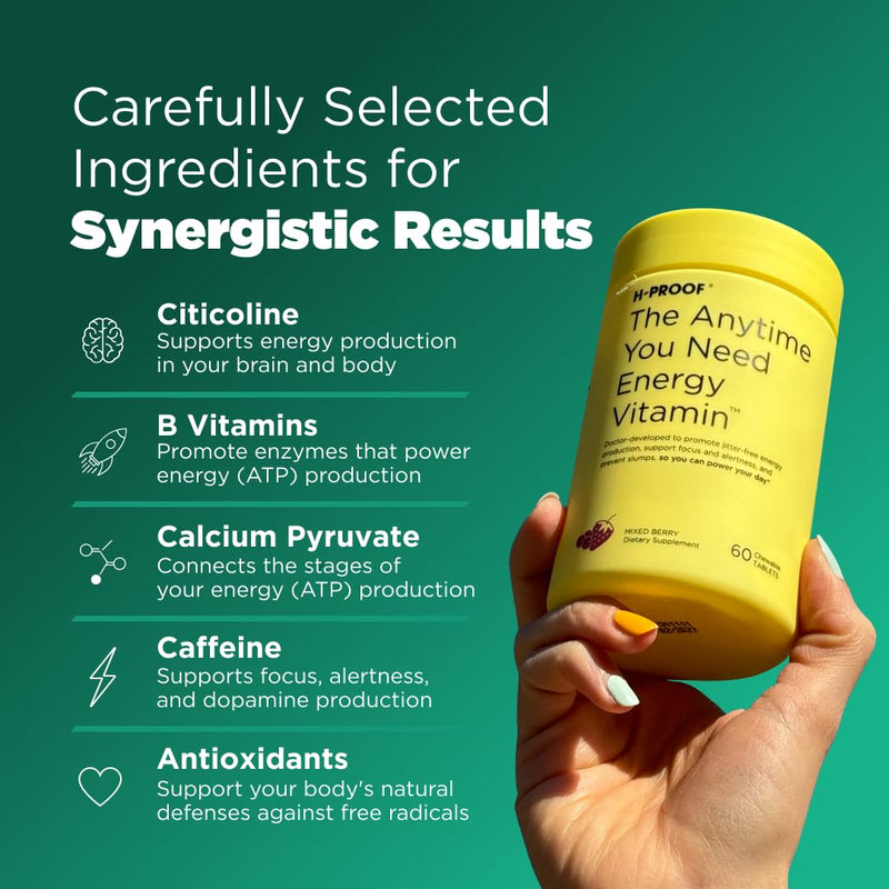 H-PROOF The Anytime You Need Energy Vitamin, 60 Chewable Tablets | 30 Servings, Science-Supported Energy & Focus, Jitter-Free Caffeine, Citicoline, L-Tyrosine, B Vitamins Mixed Berry