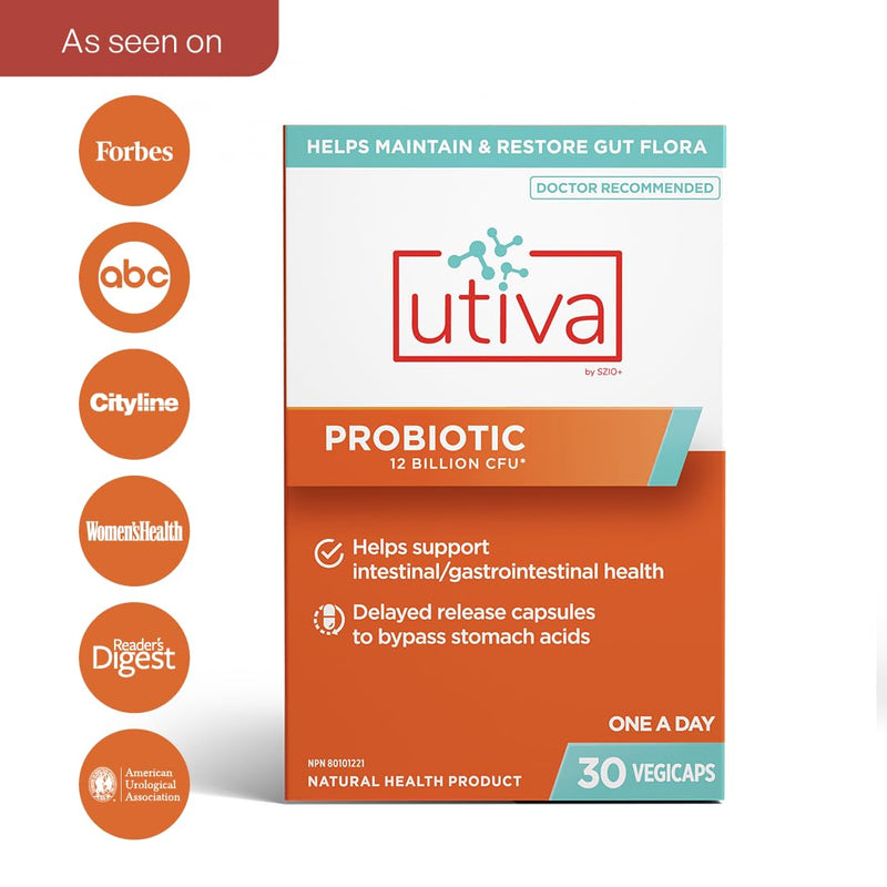 Szio+ Utiva Probiotic 30B CFU, Urinary Tract and Gut Health, 30 Capsules | Lactobacillus and Bifidobacterium strains, digestion support and gut flora balance for adults