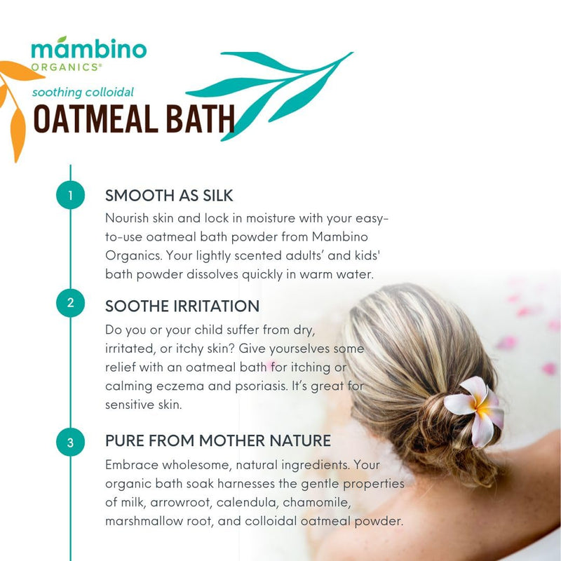 Organic Colloidal Oatmeal Bath Soak – 6oz 2-Pack of Oatmeal Powder for Dry, Irritated, Itchy Skin Relief – Cruelty-Free & Organic Bath Products for Adults Bath, Baby & Kids Bath by Mambino Organics 12 Ounce (Pack of 1) - BeesActive Australia
