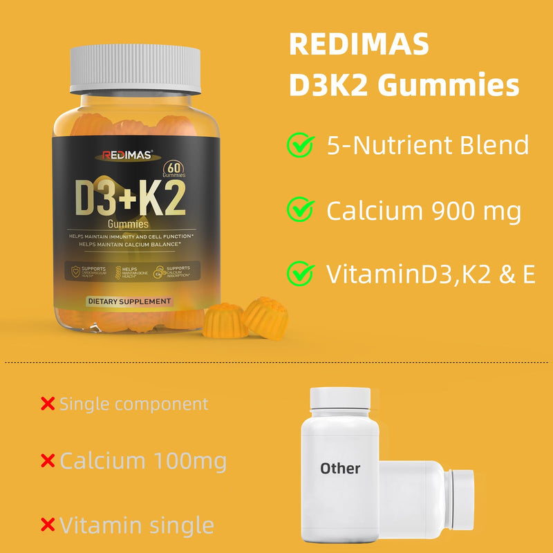 Vitamin D3 K2 Gummies, Vegan Orange Flavor, 60 Count (30 Servings) | Calcium and Magnesium Supplement with Multi-Vitamin Complex, Bone & Immune Wellness, Daily Nutrient Intake for Women and Men