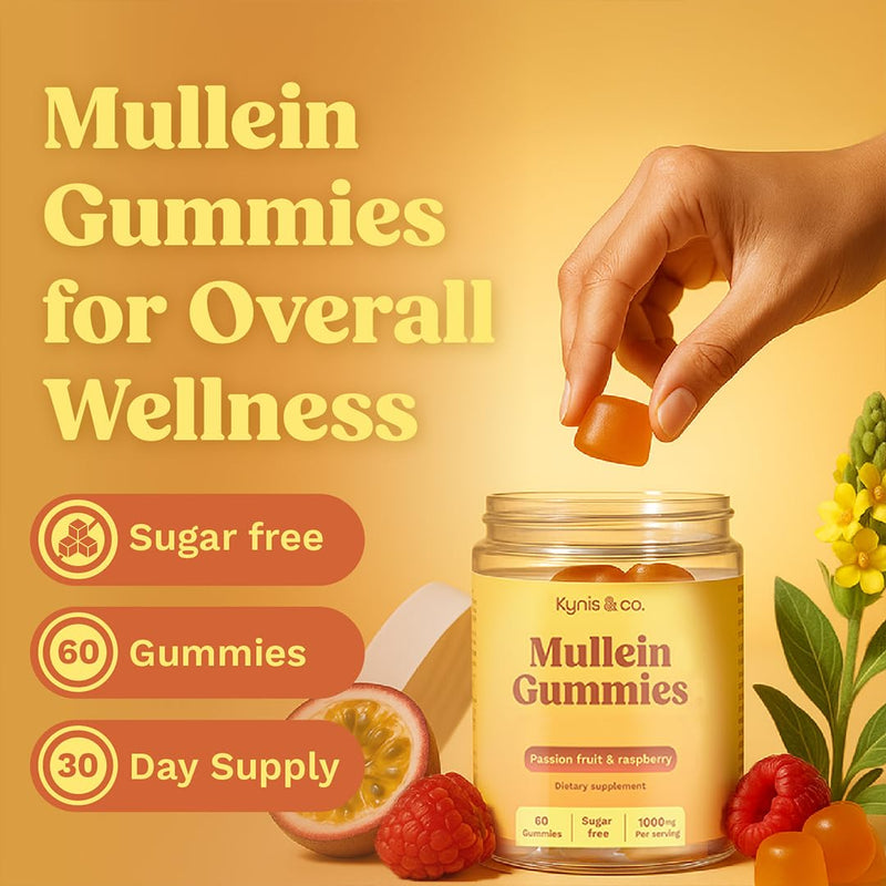 Kynis & co. Mullein Gummies for Overall Wellness – Mullein Leaf Extract, Quercetin, Bromelain, Ashwagandha, Vitamin C & D – Passion Fruit & Raspberry Flavor – 60 Gummies