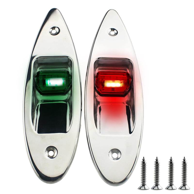 Marine 12V LED Shark Eye Navigation Lights, Waterproof, Boat Sides Teardrop Navigation Light, Yacht Bow Light Flush Mount, Pontoon Bright Signal Warning Lamps DC, Stainless, Red&Green 1 Pair