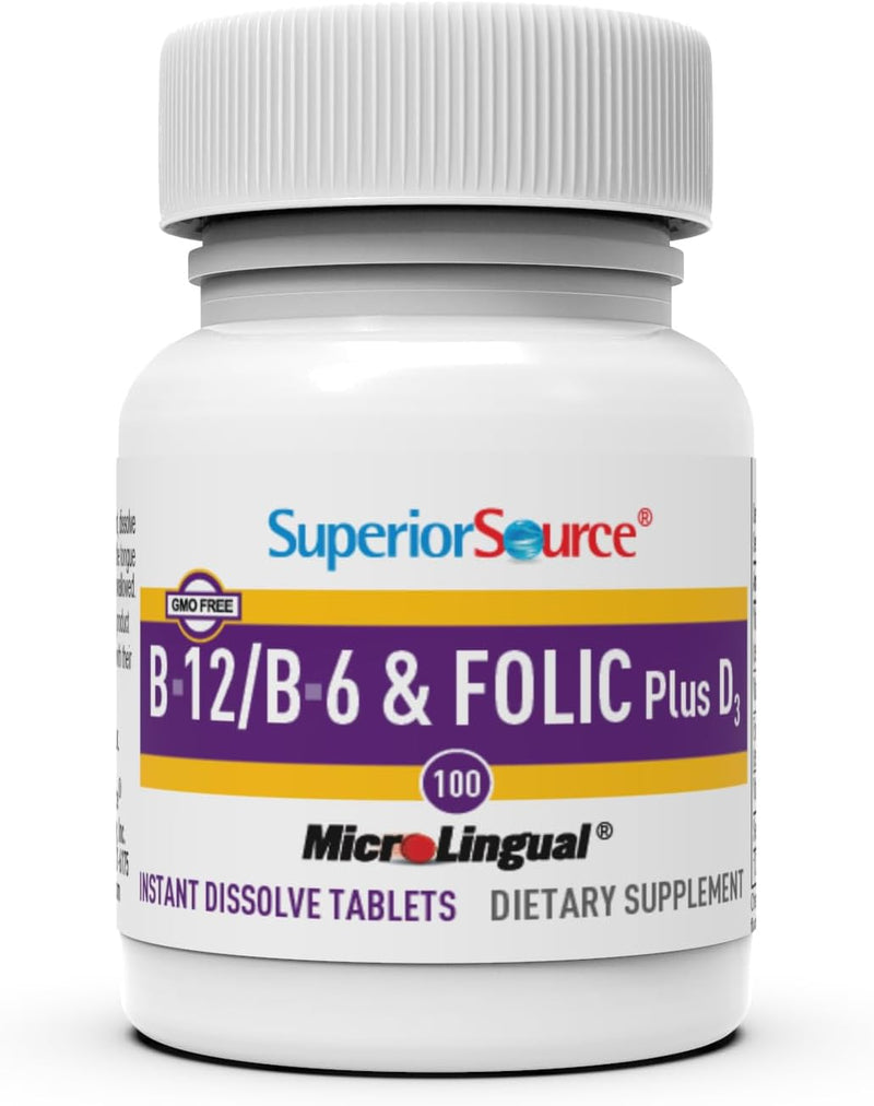 Superior Source No Shot Vitamin B-12 Cyanocobalamin 1000 mcg, B-6, Folic Acid & Vitamin D-3 1000 IU - Supports Energy, Brain, Heart, & Bone Health - 100 Sublingual Dissolving Tablets (Pack of 2) 1 Count (Pack of 2)