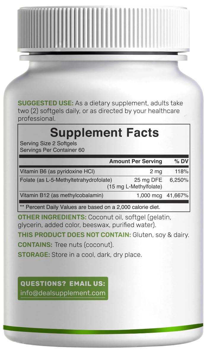 DEAL SUPPLEMENT L-Methylfolate 15 mg Per Serving, 120 Coconut Oil Softgels | 3-in-1 with Active 5-MTHF Methylated Vitamin B9, B6 & Methylated B12 | Active Folate Supplement | Non-GMO, Gluten Free