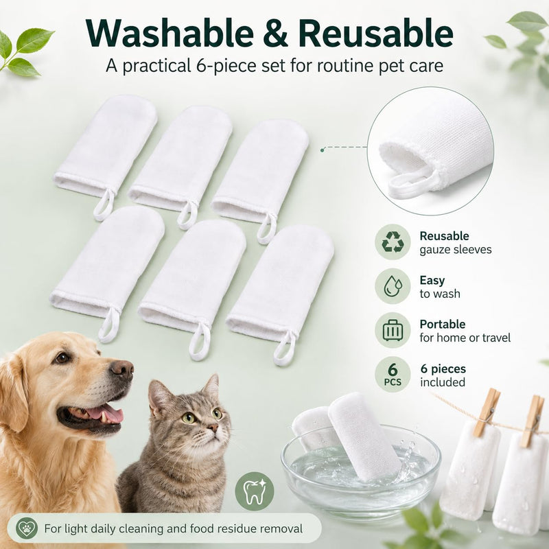 6 Pcs Pet Finger Toothbrush Set – Soft Cotton Gauze Finger Brushes for Dogs Cats Puppies Kittens – Reusable Pet Teeth, Gum and Tongue Cleaning Sleeves with Elastic Ring for Daily Oral Care