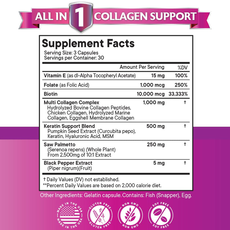 NEW AGE Collagen Pills Biotin Keratin Saw Palmetto Hyaluronic Acid - Hair Skin and Nails Vitamins and DHT Blocker with Vitamin E Folic Acid Pumpkin Seed MSM- 90 Count 90 Count (Pack of 1)
