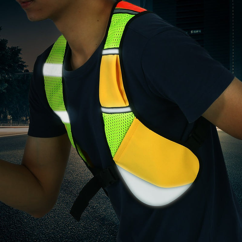 Keenso Reflective Running Vest, Multi-function Running Safety Vest Sports Reflective Mesh Vest with Pocket for Cycling, Night Running, Marathon(Yellow)