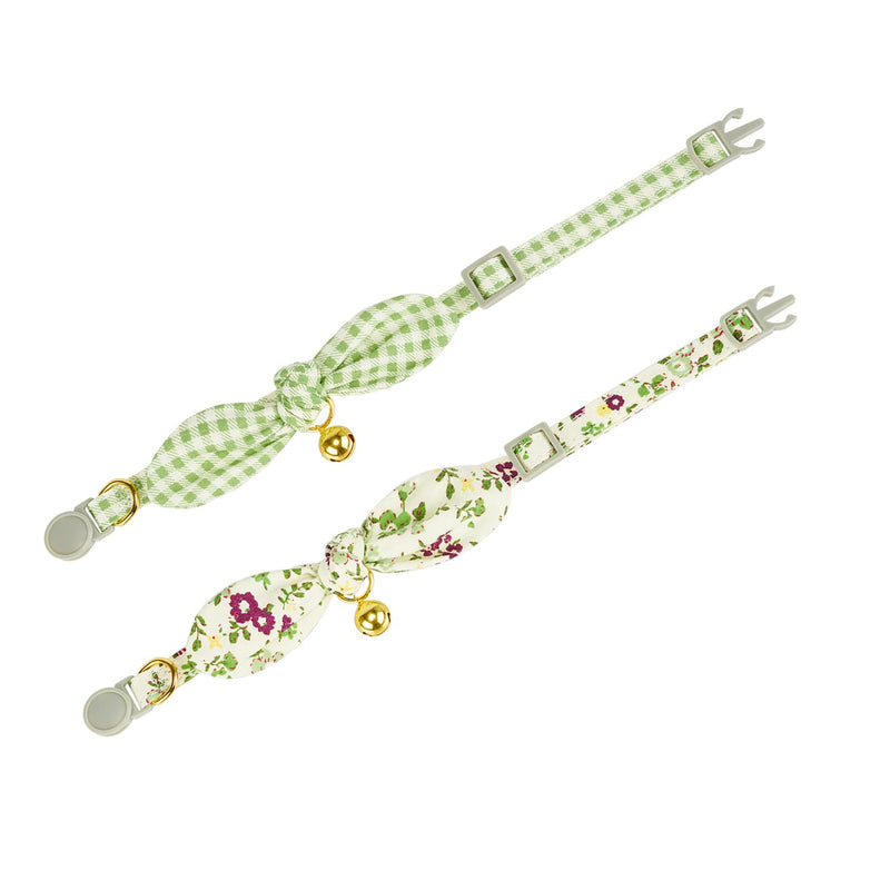 Bowtie Cat Collar with Bell, 2 Pack Cotton Breakaway Kitten Collars with Removeable Bow Stylish Cat Collars, Floral Green & Plaid 7.5-11.4 Inch (Pack of 2) Floral Green+Plaid - BeesActive Australia