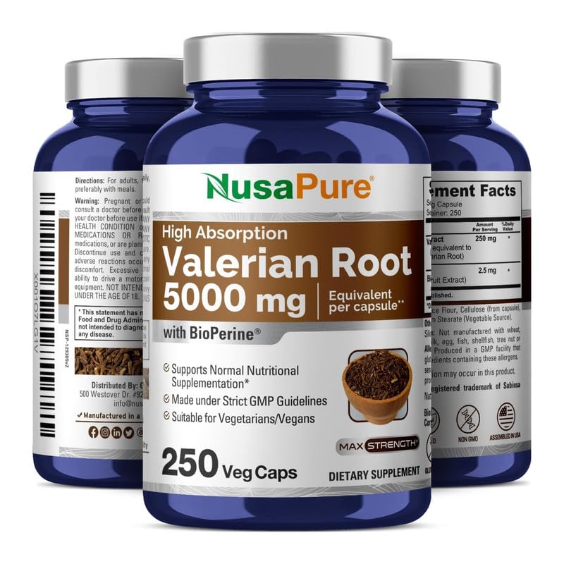 NusaPure Valerian Root 5000 mg Per Veggie Caps, 250 Count, Vegan, Non-GMO, Bioperine - BeesActive Australia