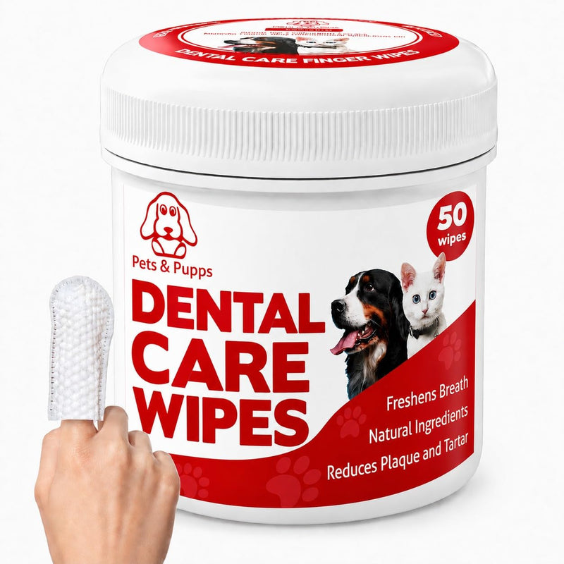 No- Rinse Dog Teeth Cleaning Wipes For Dogs & Cats, Dog Toothbrush Wipes & Dog Tooth Brushing kit Remove Bad Breath & Plaque & Tartar Buildup, Disposible Pet Dental Finger Wipes for Dogs - 50 Count
