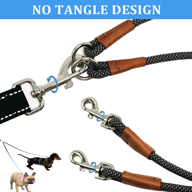 8 FT Double Dog Leash, 2 Way Mulitiple Dog Leash Detachable No Tangle with Soft Padded Handle, 1/4" Rope Dual Dog Leash for 2 Dogs Outdoor Walking (Black Grey) 8ft* 1/4" black grey - BeesActive Australia