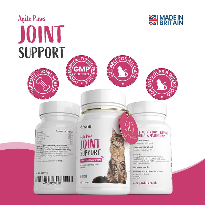 60 Pawbits Joint Support for Cats Tablets for Stiff & Mature Adult Cats Anti-Inflammatory Relief Supplements, Green Lipped Mussel, Glucosamine & Hyaluronic Acid Sprinkle Capsules (60) 60 Tablets