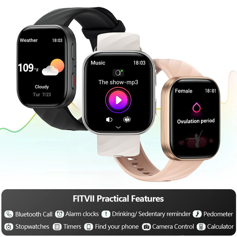 FITVII Health & Fitness Tracker (Answer/Make Calls), Smart Watch with 24/7 Heart Rate and Blood Pressure, Sleep Tracking, Blood Oxygen Monitor, 120+ Sport Modes Activity Tracker for Women Men Black 1.85 - BeesActive Australia