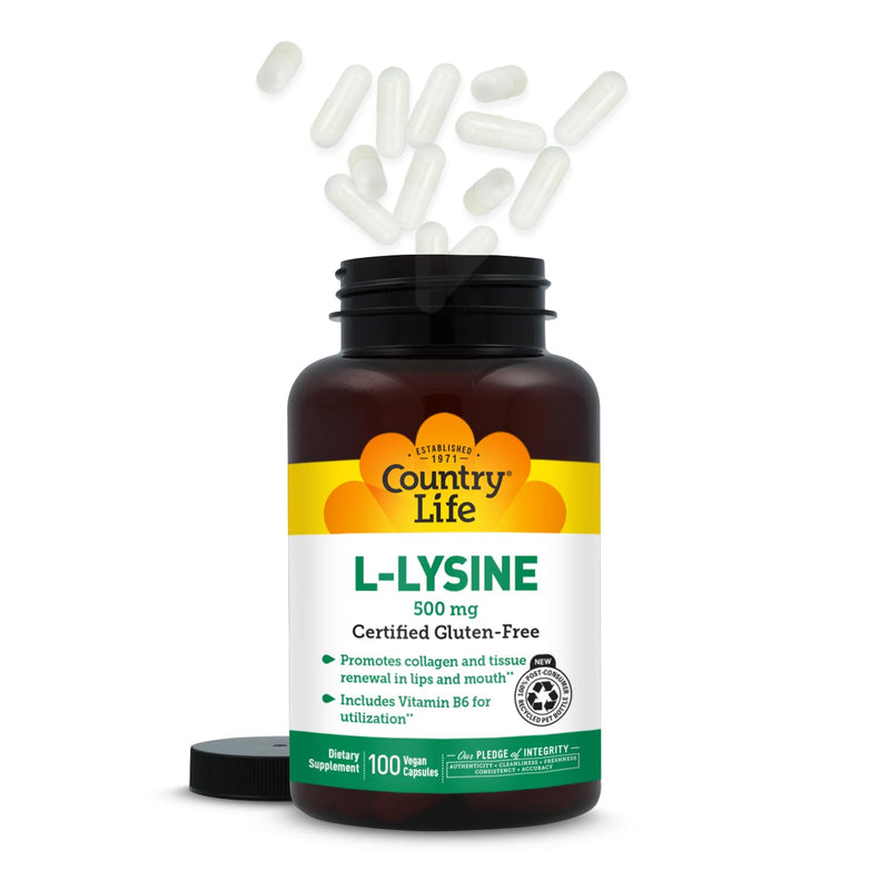 Country Life L-Lysine 500mg with Vitamin B6, 100 Vegan Capsules | Essential amino acid formula supporting collagen structure and tissue renewal in the lips and mouth 100 Count (Pack of 1)
