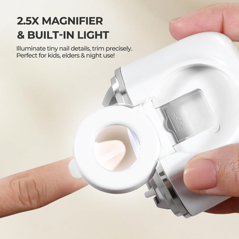 5-in-1 Electric Nail Clippers for Seniors, Electric Nail Trimmer for Adults & Babies | Magnifier, Dual-Blade, 3-Speed Gears, LED Light, Storage Box, 90-Min Runtime, Slanted Nail Clipper Included White - BeesActive Australia