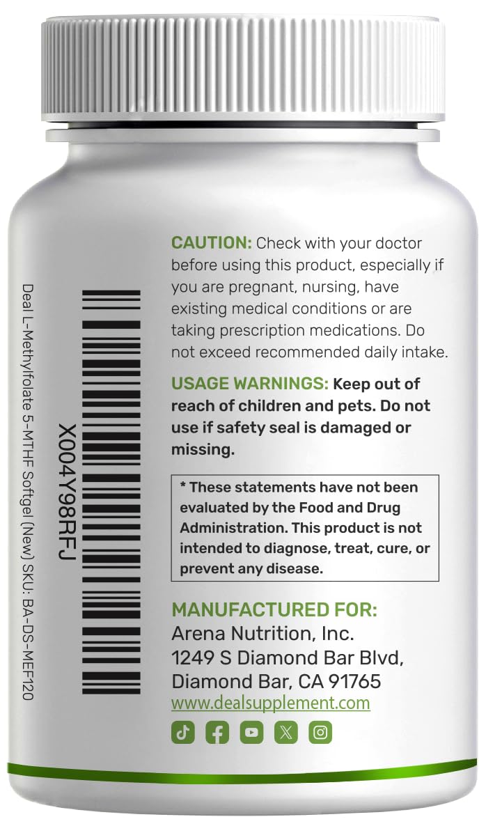 DEAL SUPPLEMENT L-Methylfolate 15 mg Per Serving, 120 Coconut Oil Softgels | 3-in-1 with Active 5-MTHF Methylated Vitamin B9, B6 & Methylated B12 | Active Folate Supplement | Non-GMO, Gluten Free