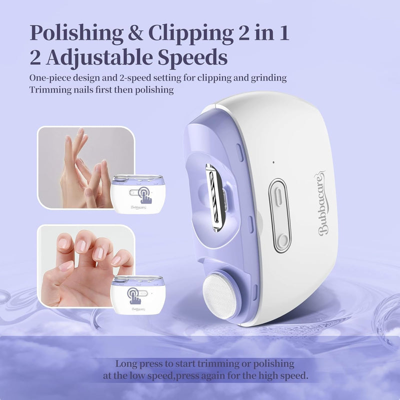 Electric 2-in-1 Nail Clipper & Polisher, 2-Speed Safe Fingernail Trimmer for All Ages, Rechargeable Automatic Nail Clipper with Light, Manicure Set for Baby Kids Seniors & Weak Hands Purple - BeesActive Australia