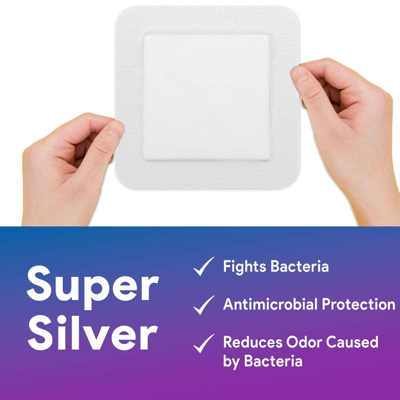 Bordered Foam Silver Dressings for Wound Care 6"x6" - 10 Ag Foam Dressings for Moderate to Heavy Wound Exudate - Highly Absorbent and Water Resistant 6"x6"