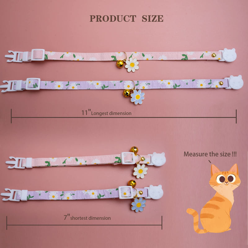 2 Pack Cotton Breakaway Cat Collars with Bell Flower Pendant Kitty Kitten Collars Pink Purple Collar for Female Girl Cats Male Boy Cats Pink&Purple - BeesActive Australia