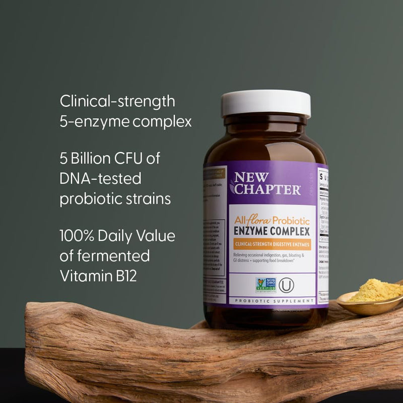 New Chapter All-Flora Enzyme Complex with Probiotics, 90 Count | Clinical-Strength Digestive Enzymes and Ultra-Concentrated Probiotics Relieve Bloating, Plus Fermented Vitamin B12
