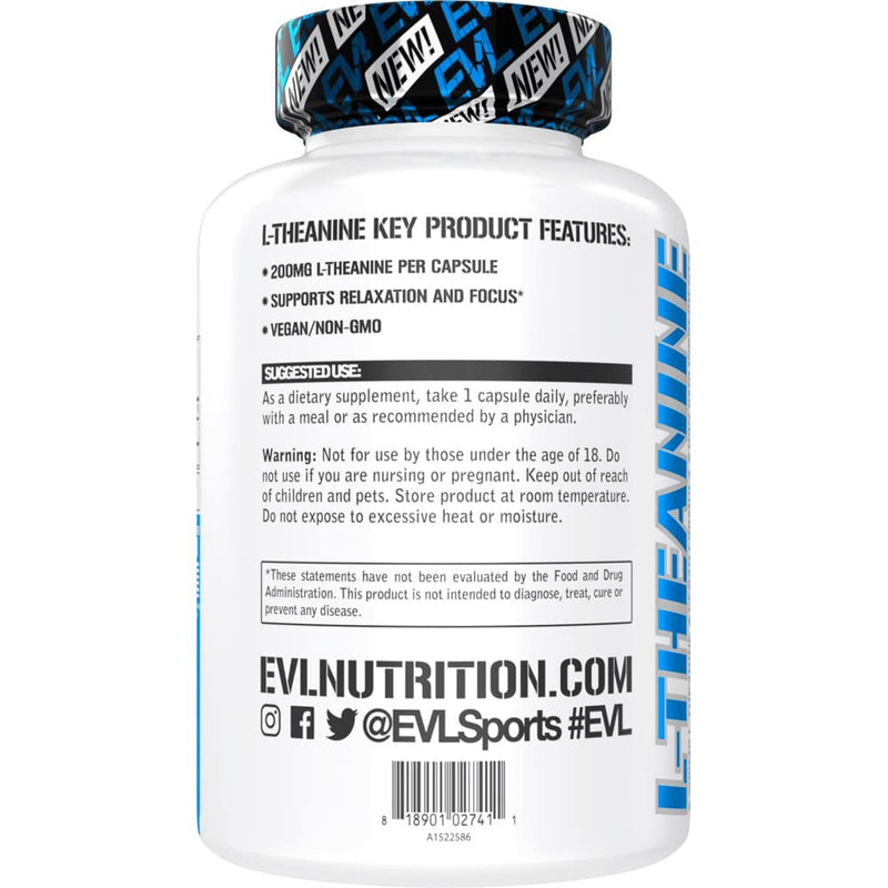 EVL L-Theanine 200mg Capsules for Focus & Relaxation - 60 Servings | Nootropic Formula With 200Mg L-Theanine Per Serving Supports Attention, Mental Energy, Mood And Daily Focus 60 Count (Pack of 1)