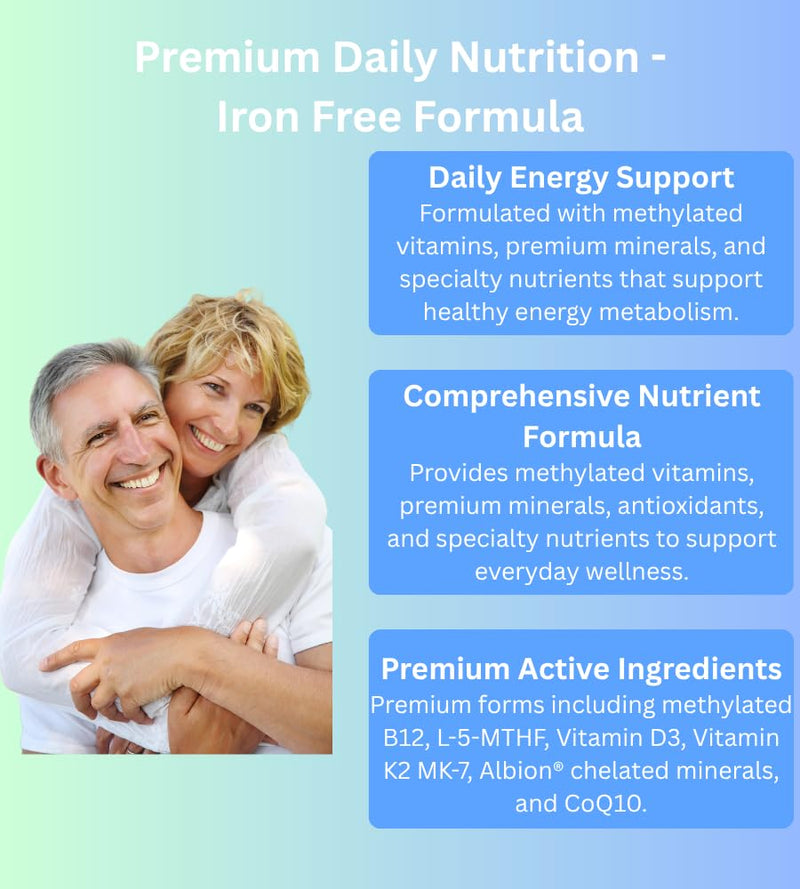 Active Methyl Multi Vitamin – No Iron – with CoQ10, ALA, Lutein, Zeaxanthin, Vitamin K2, Active B12, L-Methylfolate – Non-GMO, Vegetarian, 60 Capsules (60-Day Supply)