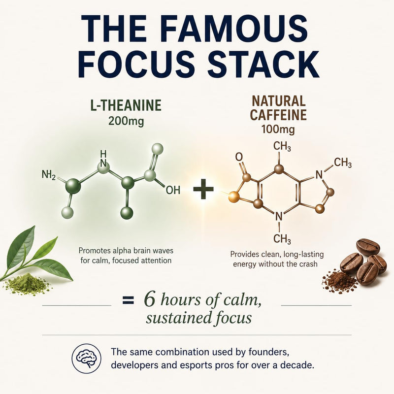 Focus, Brain & Energy Supplement, 60 Count — Green Tea L-Theanine 200mg + Natural Caffeine 100mg — Calm Focus, Mental Clarity, No-Crash Energy — Vegan, Methylated B-Vitamins, Lab-Tested