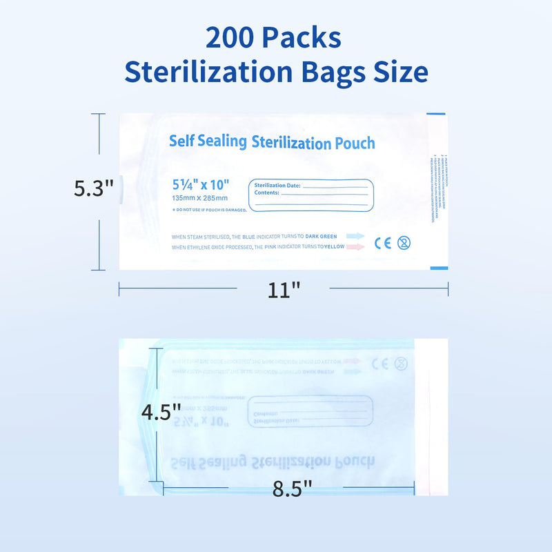 200 Packs Self Seal Sterilization Pouches 5.3"x11" with Color Changing Indicator, Autoclave Sterilizer Bags for Dental, Tattoo, Nail Instrument Tools 5.3"x11" - BeesActive Australia