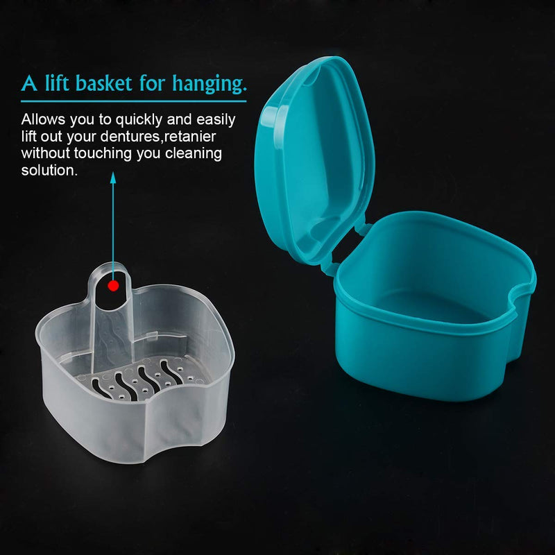 Coolrunner Denture Case, Denture Cup with Strainer, Denture Bath Box False Teeth Storage Box with Basket Net Container Holder for Travel, Retainer Cleaning (Green) Green