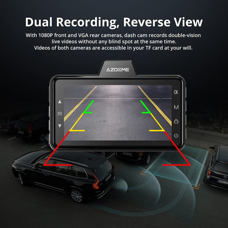 AZDOME Dual Dash Cam Front and Rear, 3 inch 2.5D IPS Screen Free 64GB Card Car Driving Recorder, 1080P FHD Dashboard Camera, Waterproof Backup Camera Night Vision, Park Monitor, G-Sensor, for Car Taxi - BeesActive Australia