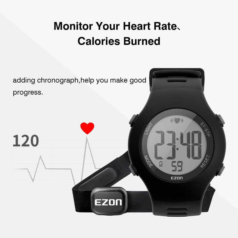 EZON Heart Rate Monitor Chest Strap and Digital Watch,5ATM Waterproof Fitness Tracker with HRM,Calories Burned,Stopwatch and Hourly Chime - Ideal Fitness Presents for Men and Women Black - BeesActive Australia