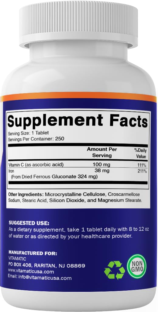 Vitamatic Ferrous Gluconate 324 mg + Vitamin C 100 mg - No Artificial Color Additives - Gentle on Stomach - 250 Tablets - Made in USA