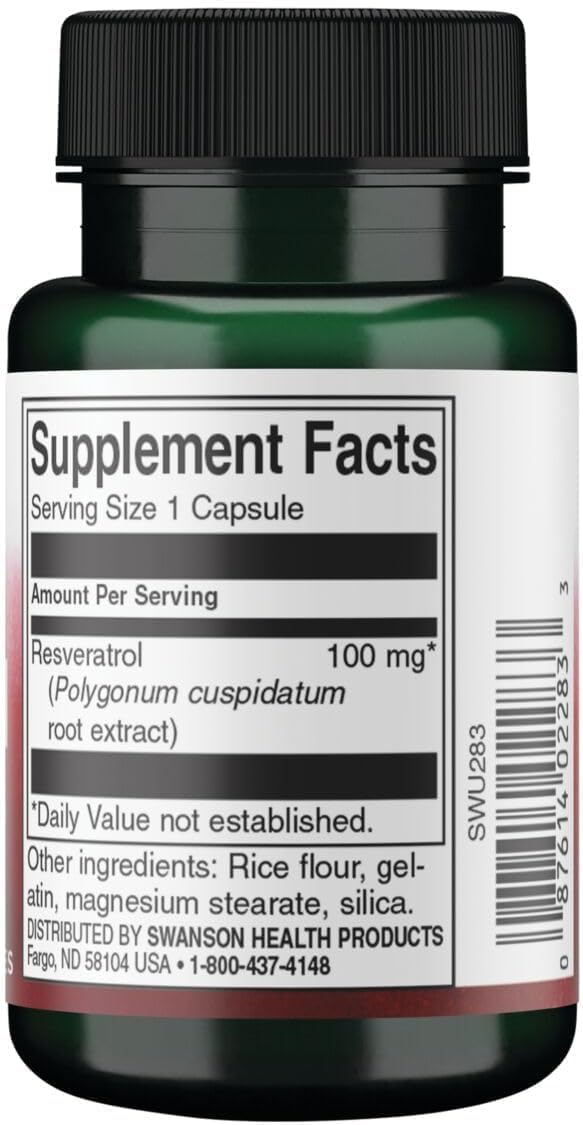 Swanson Resveratrol 100, 100 Milligrams, 30 Capsules | Increases Antioxidant Protection, Promotes Cellular Longevity, Supports Healthy Cardiovascular Wellness Every Day 30 Count (Pack of 1)