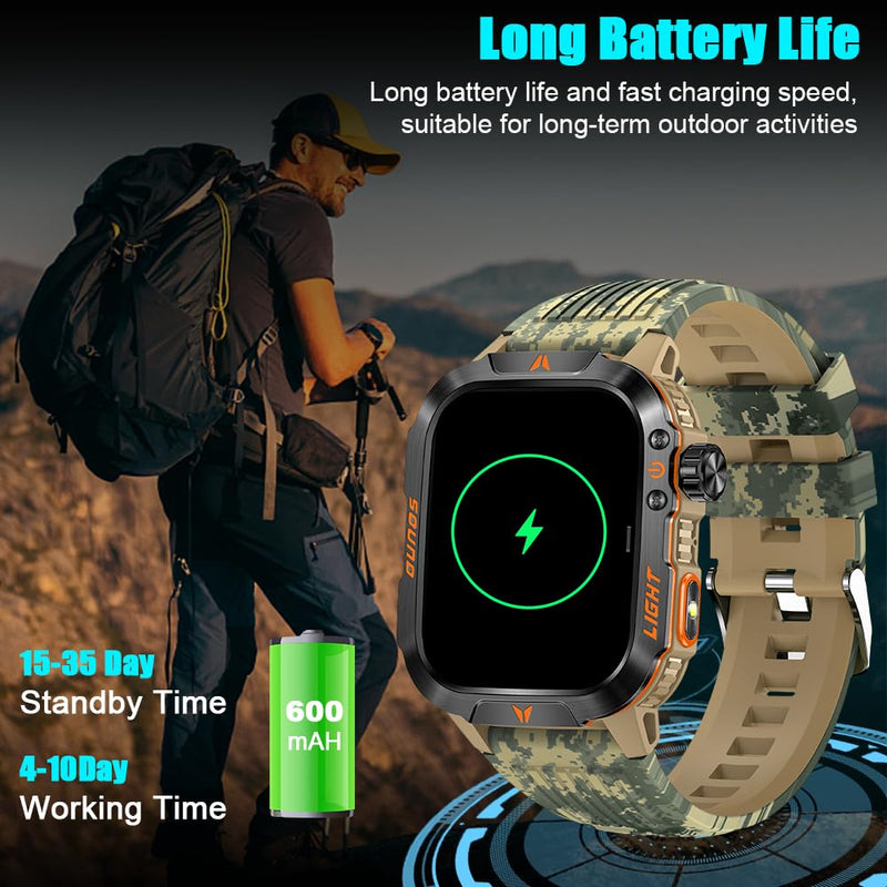 QTLLBT Military Outdoor Watch Altimeter Barometer Compass Tactical Smart Fitness Watch Heart Rate Sleep Monitor 100+ Sport Modes Fitness Available for Android and iOS (Camouflage Yellow) Camo Yellow - BeesActive Australia