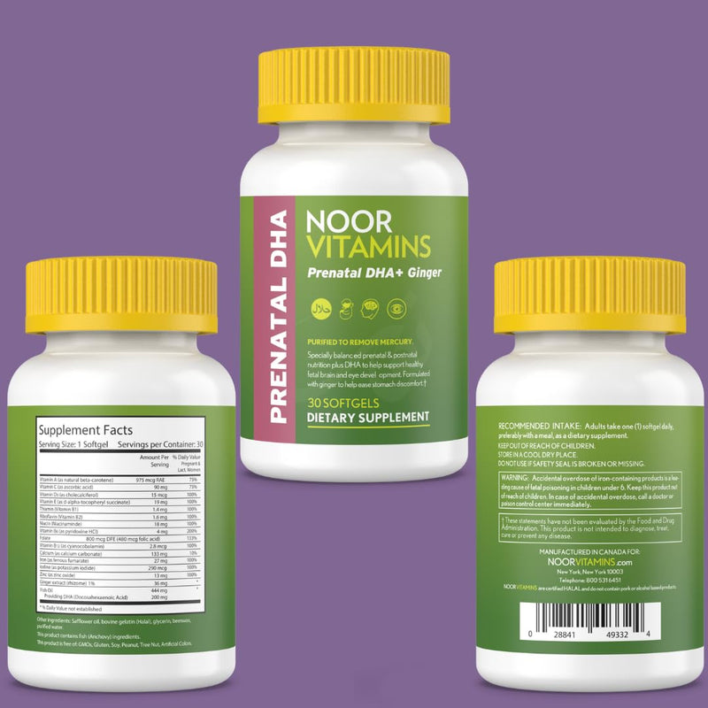 Noor Vitamins Halal Prenatal Vitamins with DHA and Folic Acid, Essential Vitamins, Ginger to Soothe Mom's Stomach, Iron, Softgels, Prenatal Vitamin Before/During/Post Pregnancy (1 Month Supply) 30 Count (Pack of 1)