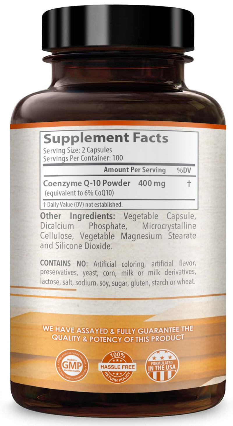 Coenzyme Q10 400mg CoQ10 Supplement - Once Daily Coq 10 400mg Powder Capsules for Healthy Heart Antioxidant and Energy Support - Non-GMO Quick Absorption Ubiquinone Q10 Coenzyme (100 Servings) 200 Count (Pack of 1)