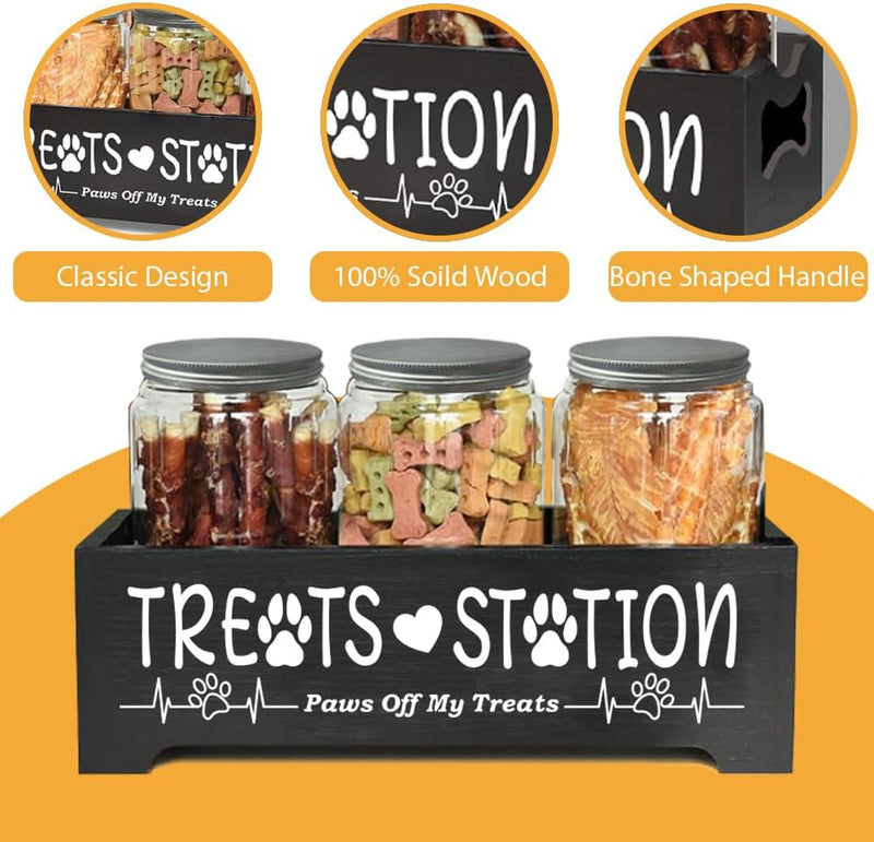 Dog Treat Container,Airtight Dog Food Storage Container with 3 Jars, Farmhouse Wood Dog Treat Jars, Pet Food Storage Containers for Dog, Cat or Small Animals(Black) - BeesActive Australia