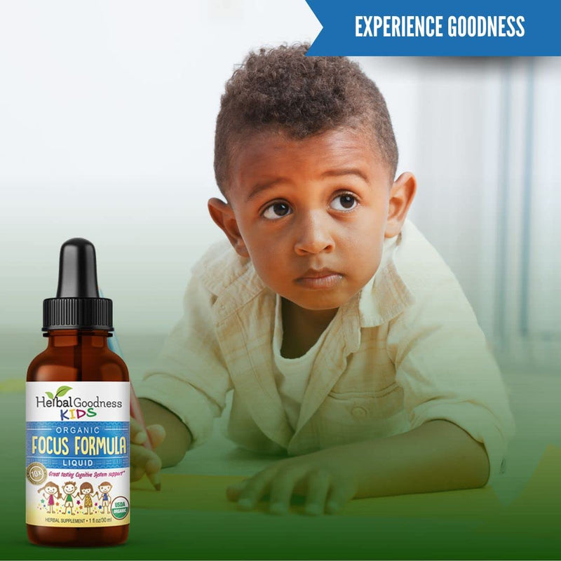 Herbal Goodness Kids Focus and Attention Supplements 1oz, Ashwagandha | Moringa, Herbal Blends, Cognitive Support, Non-GMO Liquid Vitamins for Concentration, Mood & Brain Health, Made in USA