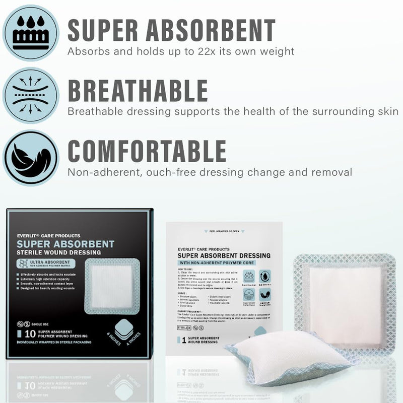 EVERLIT Super Absorbent Dressing for Wound Care | Nonstick Soft Surgical Gauze Pad for Heavily Exuding Wounds | Large Sterile Non-Adhesive Bandage for Fast Healing Wound Care | Pack of 10 (4" x 4") 4" x 4"