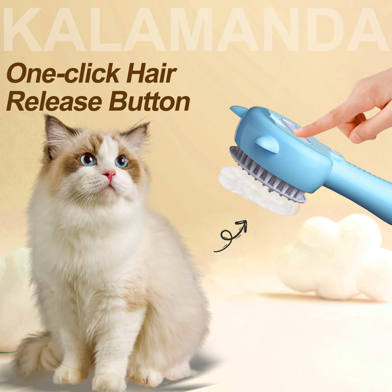Cat Steam Brush, 4 in 1 Steamy Cat Brush with Handle, Rubber Pet Misting Brush with Release Button, Spary Dog Comb with Cleanser for Indoor Kittens Small Animals(Blue) Blue - BeesActive Australia