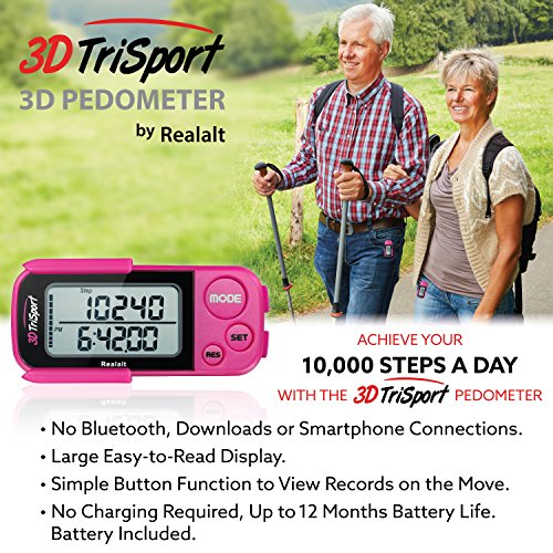 Realalt 3DTriSport 3D Walking Pedometer with Clip & Strap, Accurate Step Counter with 30-Day Memory, Distance in Miles/KM with Large Display Perfect for Seniors & Beginners, eBook Included Magenta