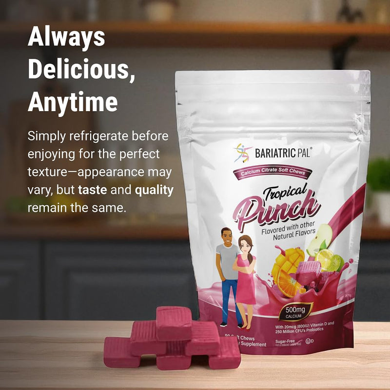 BariatricPal Sugar-Free Calcium Citrate Soft Chews | 500mg with Vitamin D & Probiotics | Tropical Punch | 90 Count (1 Month Supply)