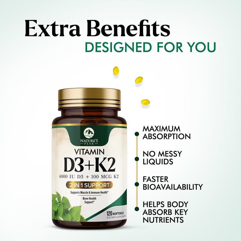 Vitamin D3 K2 - High Potency Vitamin D3 + K2 - 2-in-1 Complex Vitamin D & K2 (MK7) Supplement - Gluten Free - Bone & Immune Support - Vitamin D3 4000 IU Per Softgel - Bottled in the USA - 120 Softgels 120 Count (Pack of 1)