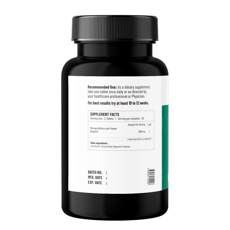 Moringa Tablets | 1000mg Organic Moringa Oleifera Leaf Powder | Natural Herbal Supplement | Vegan | Non-GMO | 60 Tablets