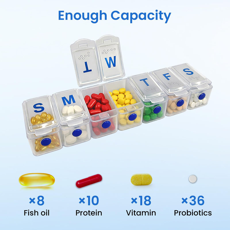 Weekly Pill Organizer, 7 Day Pill Case with Braille & Push Button, Large Pill Organizer for Vitamins, Fish Oil, Supplements & Tablets, Travel Case
